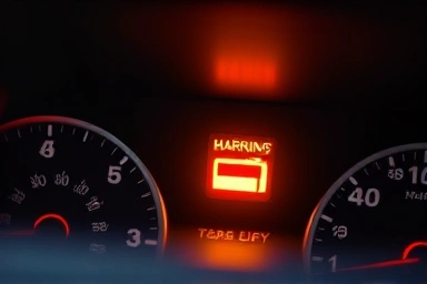 Car dashboard with illuminated battery warning light