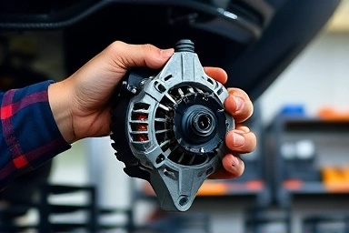 Mechanic inspecting a car alternator part