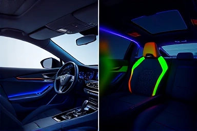 Car interior with OEM vs aftermarket ambient lighting comparison.