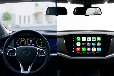 Car dashboard split between Android Auto and Apple CarPlay interfaces