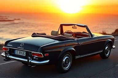 Black Mercedes-Benz CLE 450 Cabriolet on scenic coastal road at sunset.