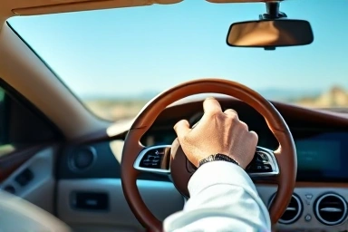 Driver's hand on luxury steering wheel of Mercedes-Benz CLE 450 Cabriolet.
