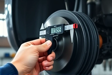 Mechanic inspecting car brake pads for wear and tear.