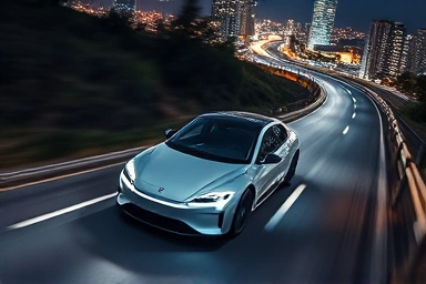Futuristic electric car driving on a city road at night