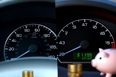 Car dashboard showing improved fuel economy and savings.