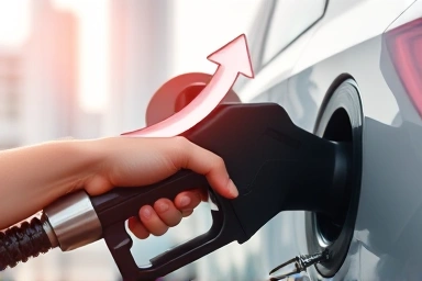 Hand filling car fuel tank with graphic indicating fuel efficiency.
