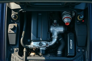 Car engine bay with essential maintenance components