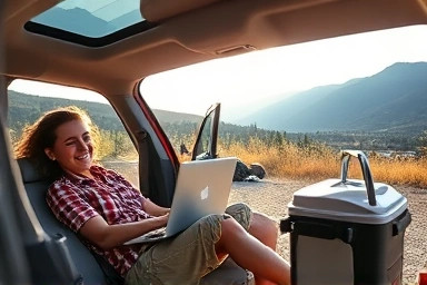 Car camping with portable power bank for electronics