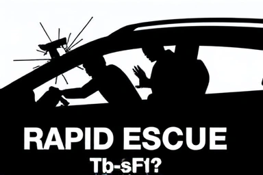 Figures escaping a car through a broken window.