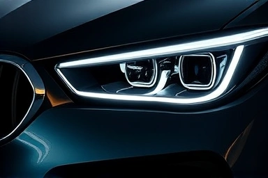 Close-up car grille and headlight, signature design element, automotive detail