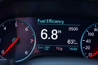 Car dashboard displaying fuel efficiency and CO2 data