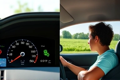 Car dashboard showing high fuel efficiency and smooth driving.