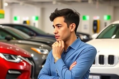 Person comparing car models for fuel efficiency.