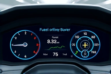 Futuristic car dashboard with AI fuel efficiency coaching.