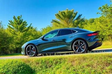 Futuristic car in harmony with nature, symbolizing fuel efficiency.