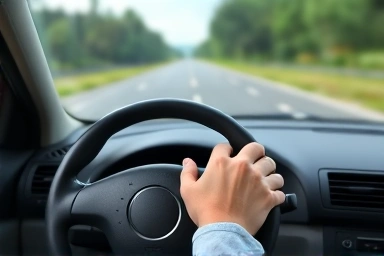Driver's hands on steering wheel, fuel-efficient driving.