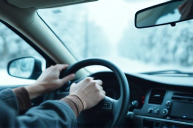 Driver's warm hands on heated car steering wheel in winter.