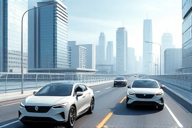 Futuristic cityscape with AI-integrated autonomous cars and smart roads.