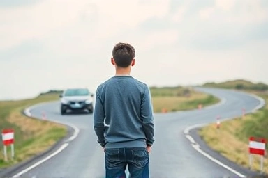 Young driver at a crossroads, symbolizing insurance decisions.