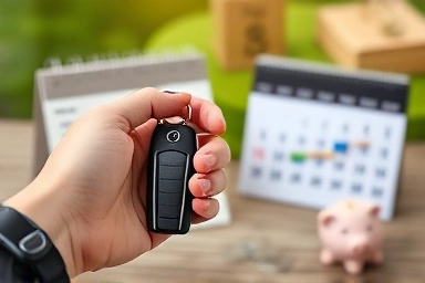 Car key, calendar, and piggy bank symbolizing financial security