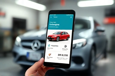 Smartphone car maintenance app interface with vehicle health indicators.