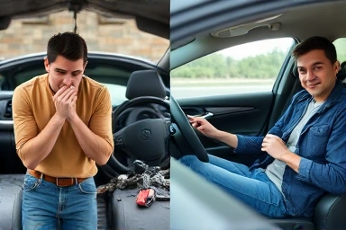 Contrast between car trouble and stress-free maintenance with a smartphone app.
