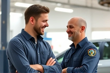 Confident car owner and mechanic communicating effectively.