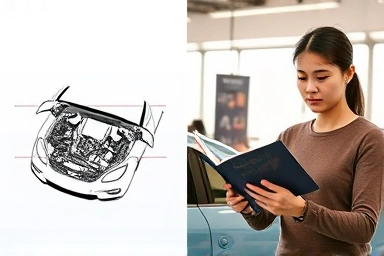 Simplified car engine diagram and person reading manual.