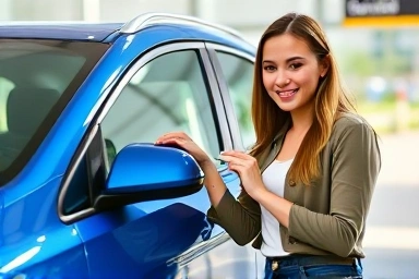 Woman naming her new car with joy and affection.