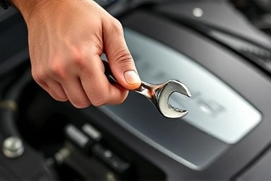 Mechanic's hand with wrench on car engine, representing expert maintenance.