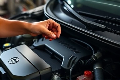 Mechanic inspecting a clean car engine bay with flashlight