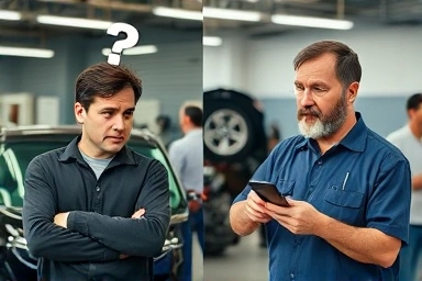 Car owner explaining symptoms clearly to mechanic with phone and notes.