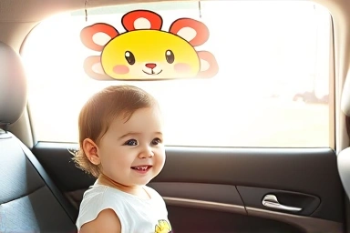 Cute car sunshade protecting a child from sun.