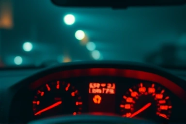 Car dashboard with illuminated warning lights, indicating a problem.