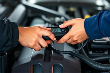 Mechanic using diagnostic tool on car engine for precise problem identification.