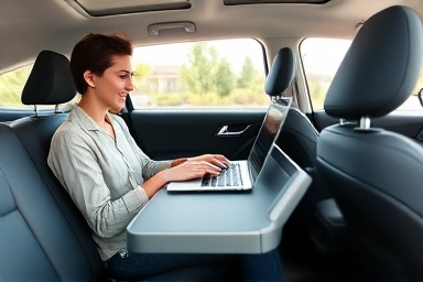 Person working on laptop at car table, symbolizing productivity.