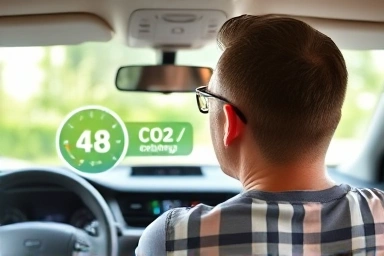 Driver examining eco-friendly car metrics for tax benefits