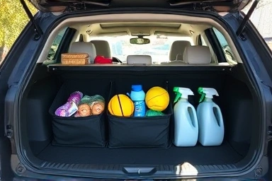 Organized car trunk with a foldable organizer.