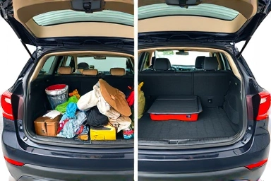 Messy vs organized car trunk comparison.