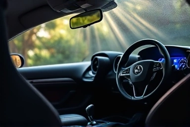 Personalized car interior with custom steering wheel and ambient lighting.