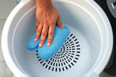 Washing a car mitt on a grit guard in a bucket.