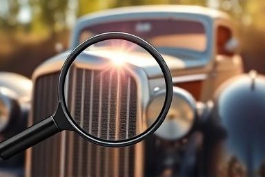 Vintage car inspection, magnifying glass on classic auto details.