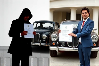 Classic car transaction security, trust vs. fraud symbols.