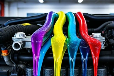Car engine cooling system with distinct coolant colors.