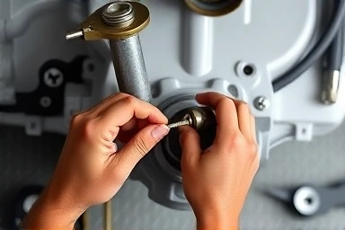 Mechanic inspecting car CV joint boot, detail on hands and tools.