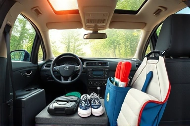 Organized car interior with affordable accessories, bright and clean.