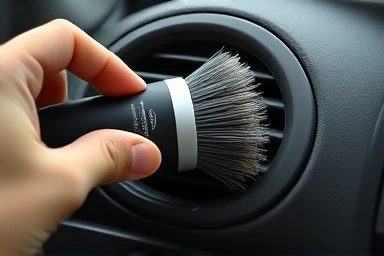 Hand cleaning car air vent with affordable brush, showing dust removal.