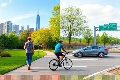 Diverse eco-friendly transportation options: walking, cycling, electric car.