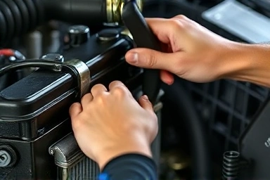 Mechanic inspecting car radiator and cooling system.