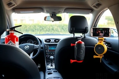 Organized car interior with essential safety and convenience accessories.